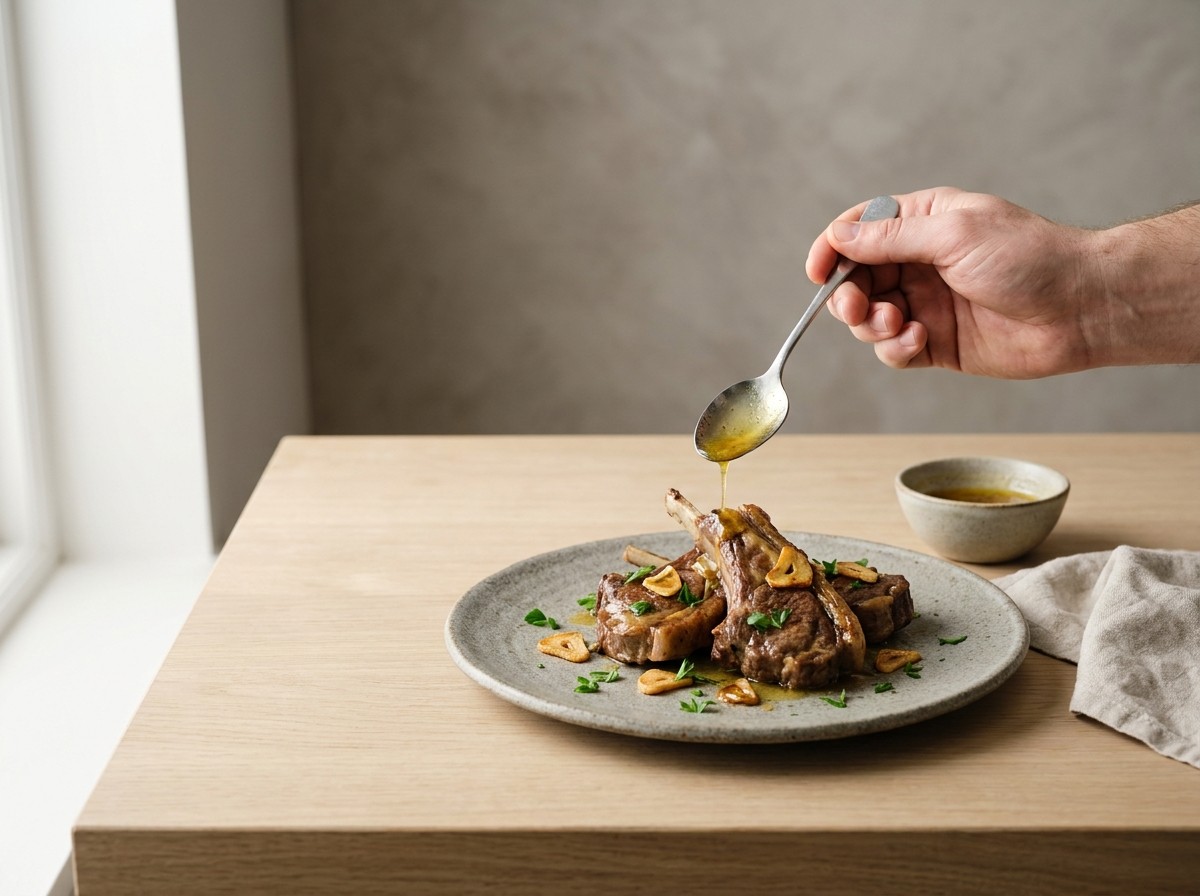 Emplatado del cordero al ajillo napado con salsa