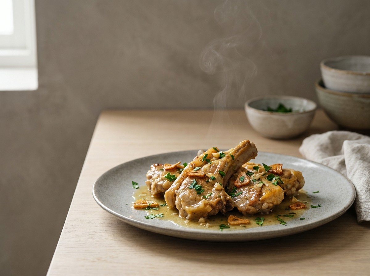 Cordero al ajillo en plato de cerámica gris piedra: trozos de cordero dorados y melosos en salsa de ajo y vino blanco, con láminas de ajo frito y perejil.