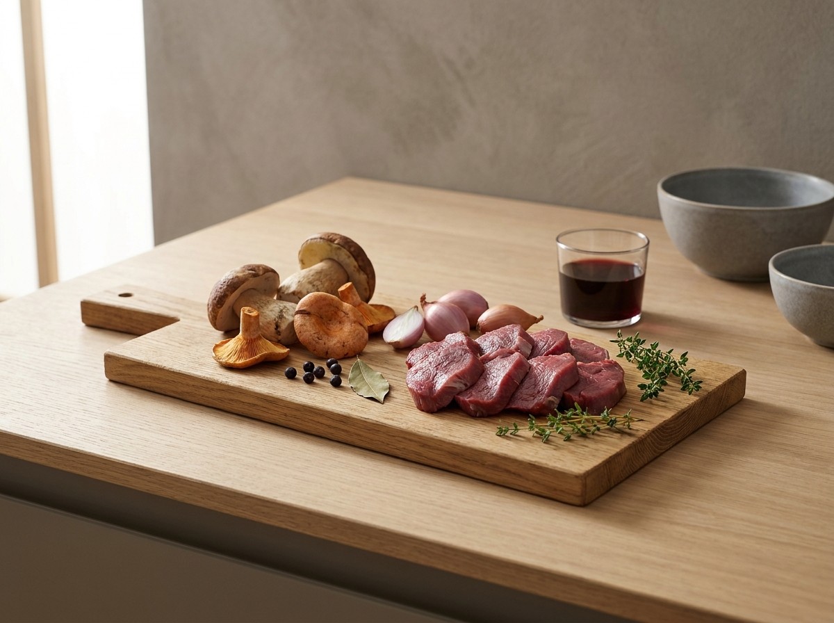Ingredientes: corzo troceado, setas del bosque, chalota, bayas de enebro y vino tinto