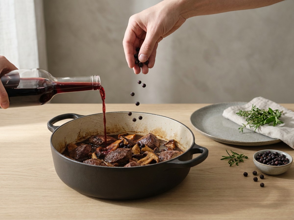 Bayas de enebro y vino tinto incorporándose al guiso