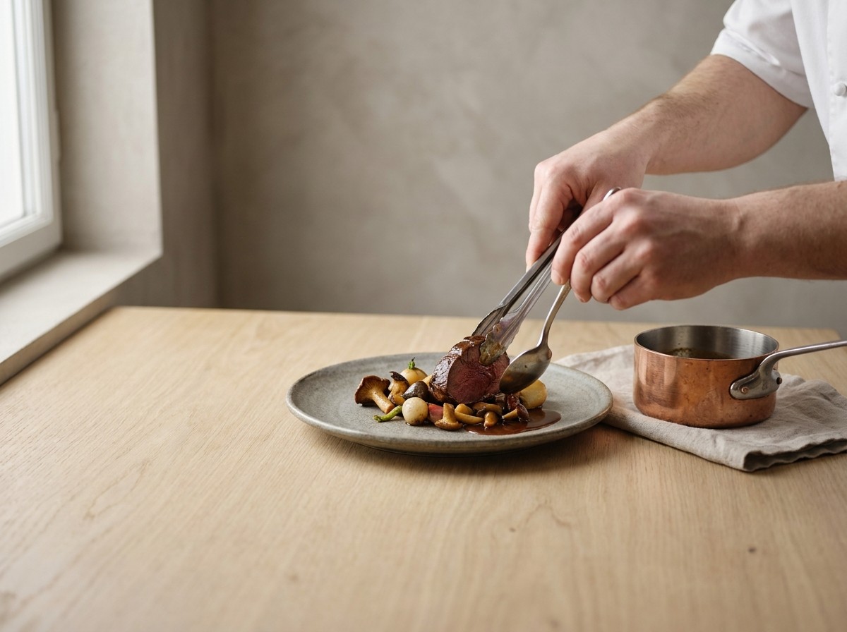 Emplatado del corzo con setas napado con salsa
