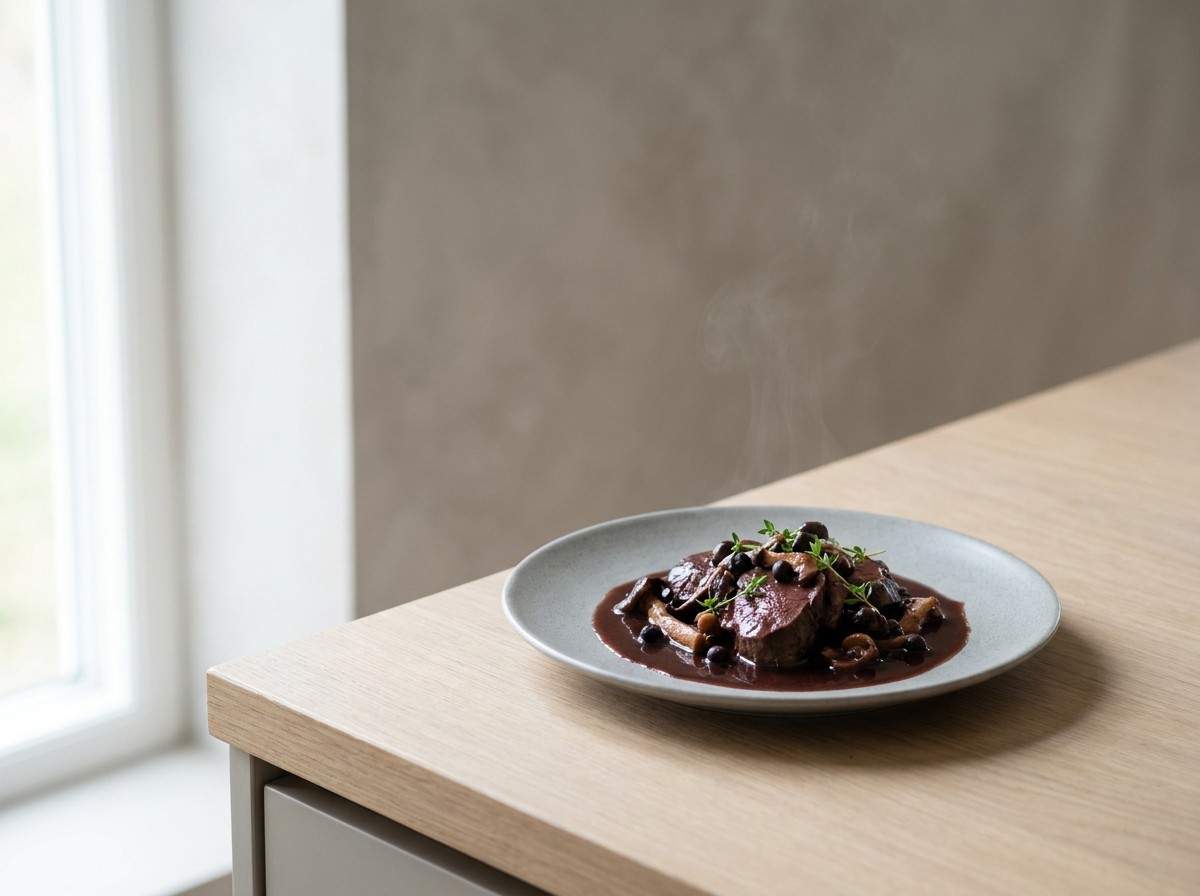Corzo a la cazadora en plato de cerámica gris piedra: carne de caza melosa en salsa oscura de vino con setas del bosque y bayas de enebro.