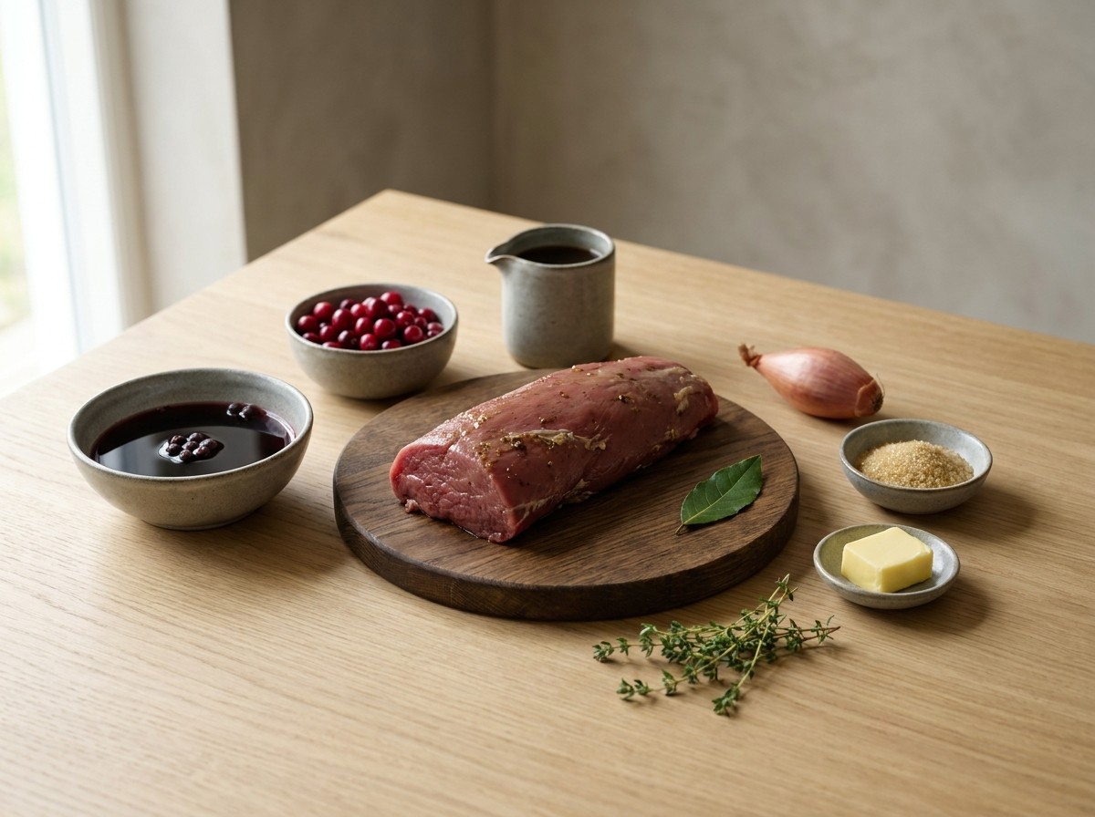 Ingredientes: lomo de corzo, vino tinto, bayas de enebro, arándanos y fondo de caza