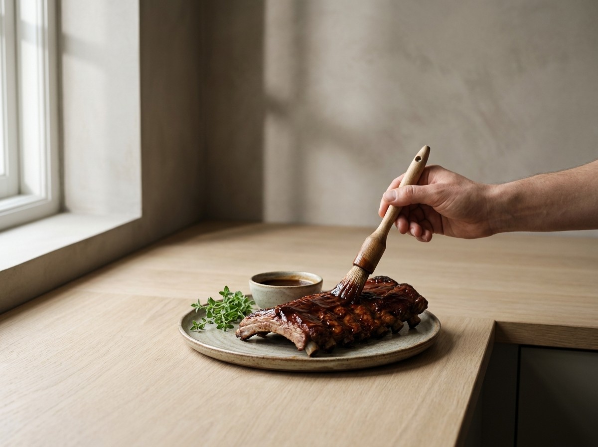 Costillas laqueándose con el glaseado brillante caoba