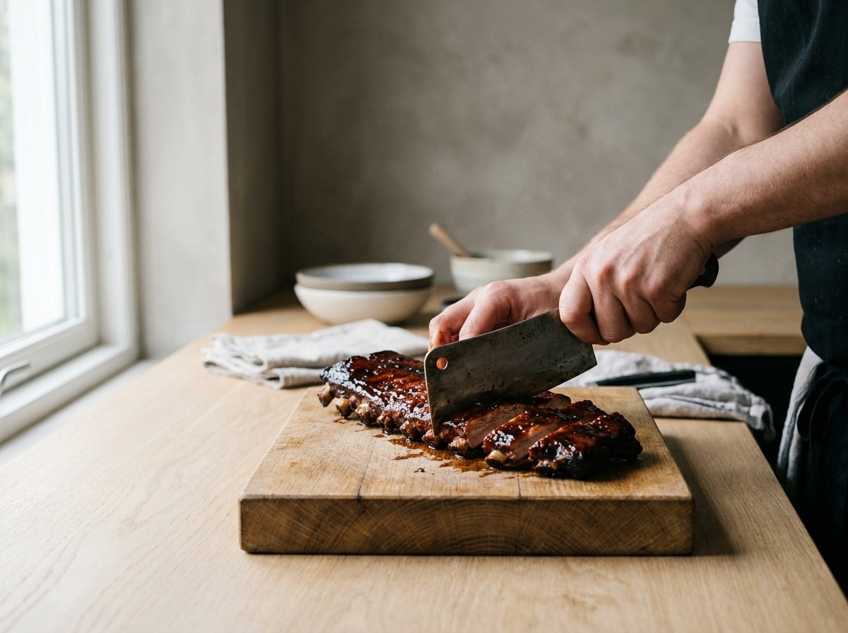 Costillar cortándose en costillas laqueadas individuales