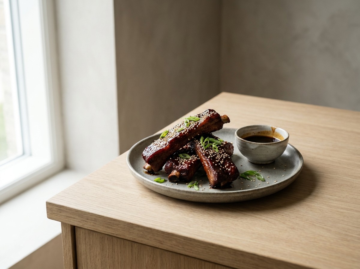Costillas laqueadas cantonesas en plato de cerámica gris piedra: costillas de un rojo caoba brillante con sésamo tostado y cebolleta, glaseado agridulce.