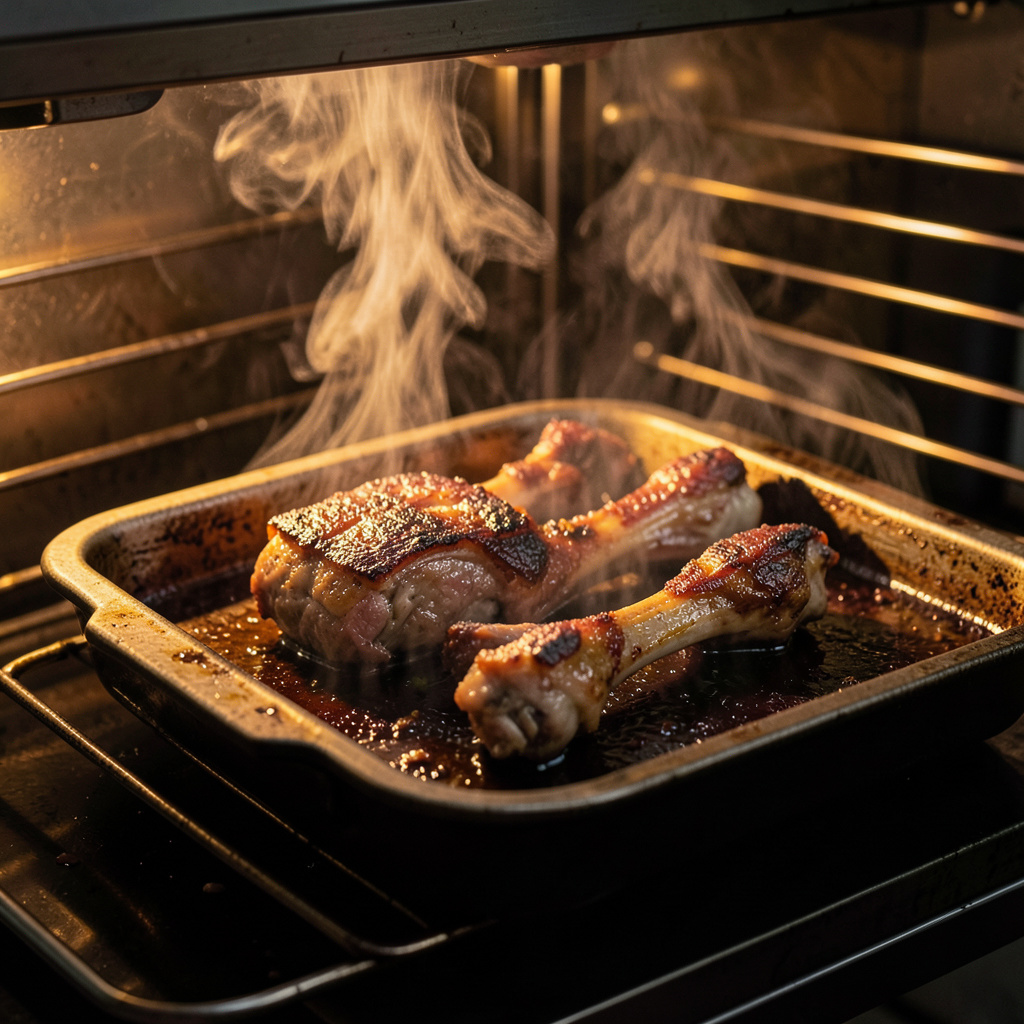 Huesos tostando en horno a 220°C con fondos oscuros caramelizados