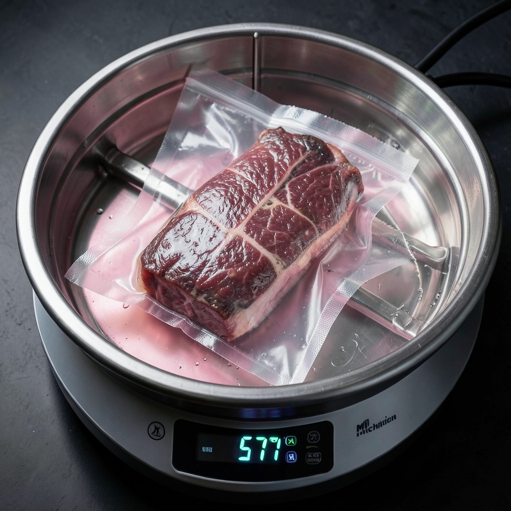 Costilla en bolsa de vacío en termocirculador a 57°C