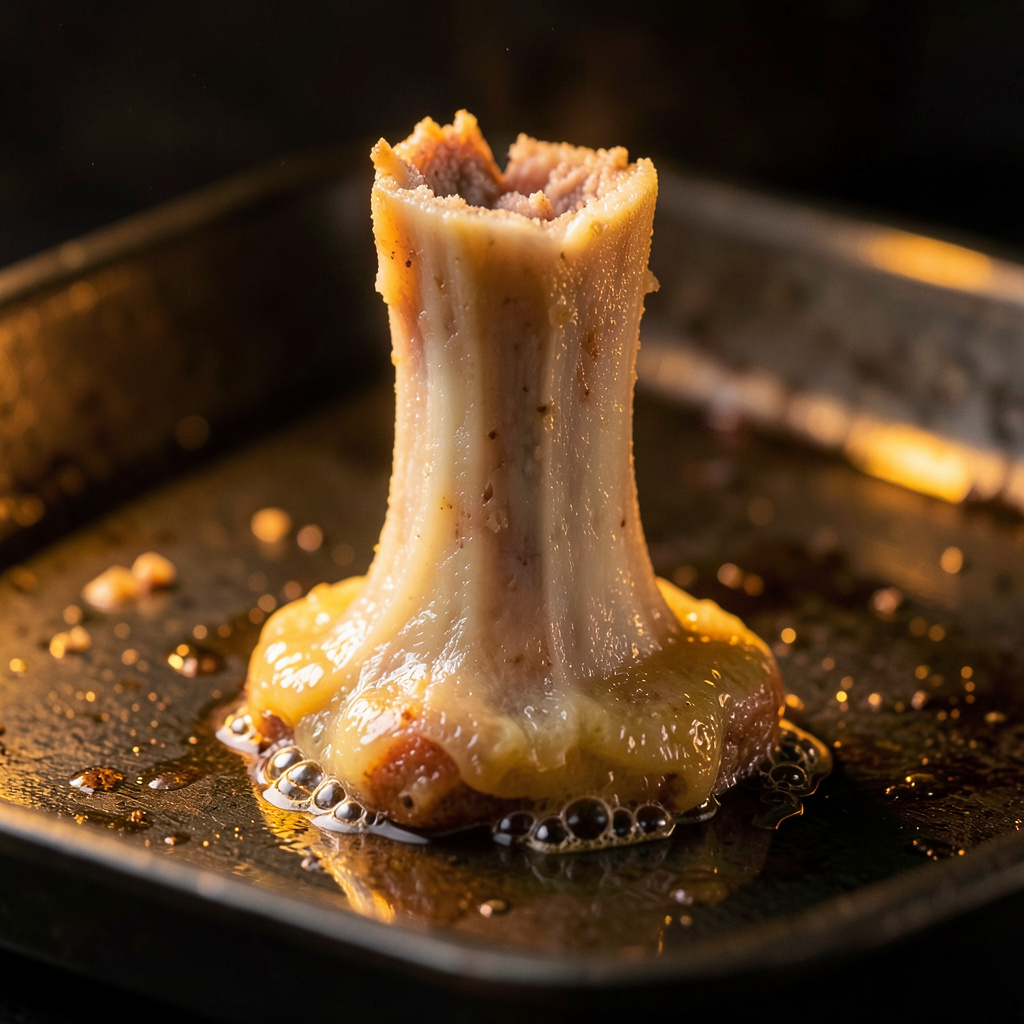 Tuétano fundido y burbujeando en bandeja de horno