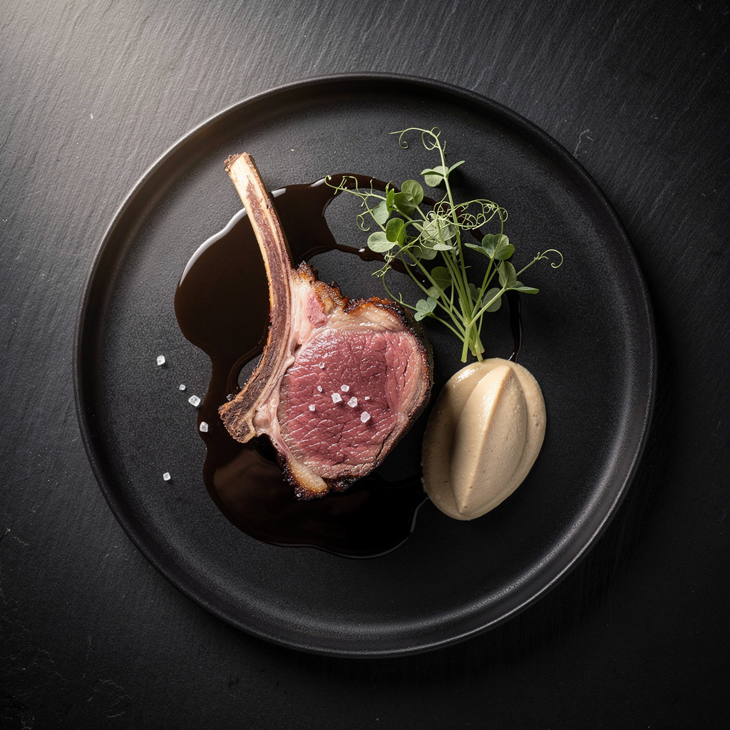 Costilla de vaca vieja madurada 90 días cocinada 72 horas sobre puré de tuétano con jugo de huesos tostados oscuro brillante en plato de cerámica negra