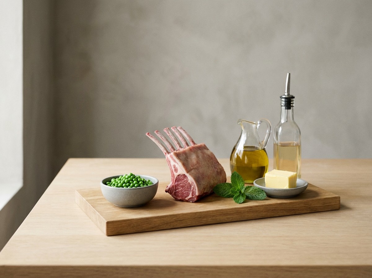 Ingredientes: costillar de cordero, guisantes lágrima, menta, mantequilla y aceite