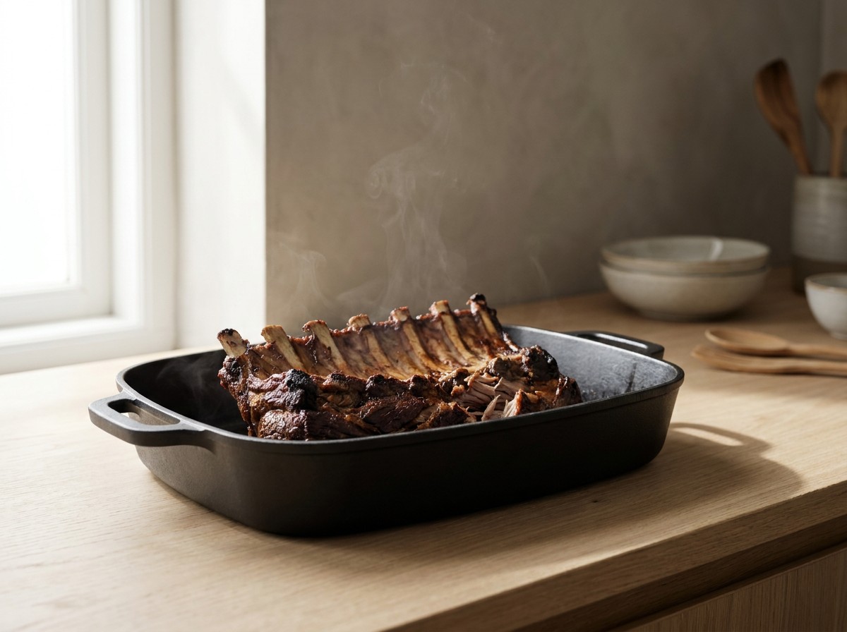 Costillar cocinándose a baja temperatura, tierno