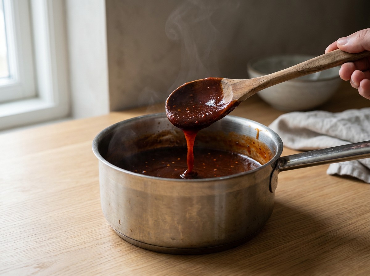 Salsa barbacoa de chipotle reduciéndose en el cazo