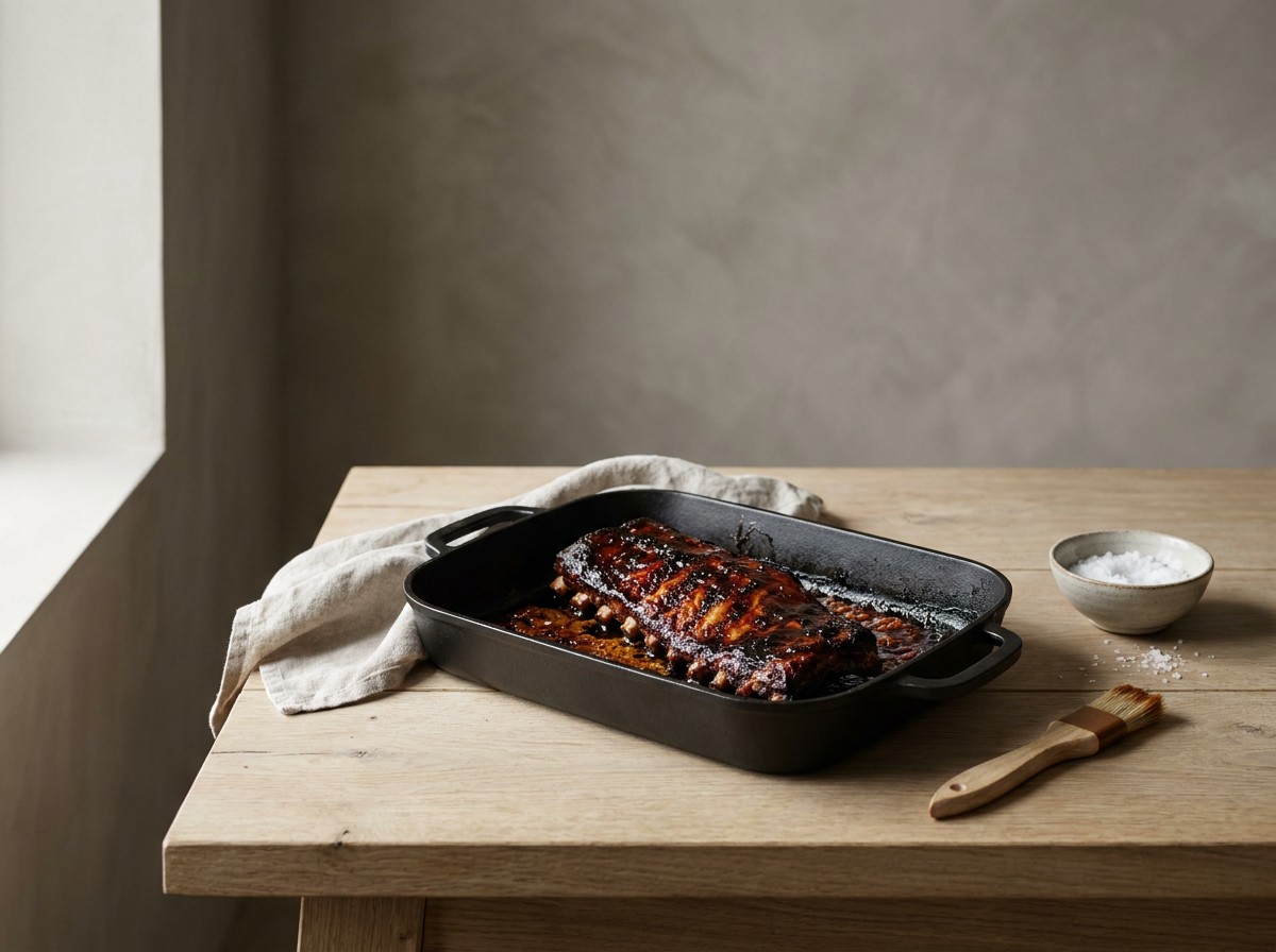 Costillas caramelizándose con laca oscura brillante