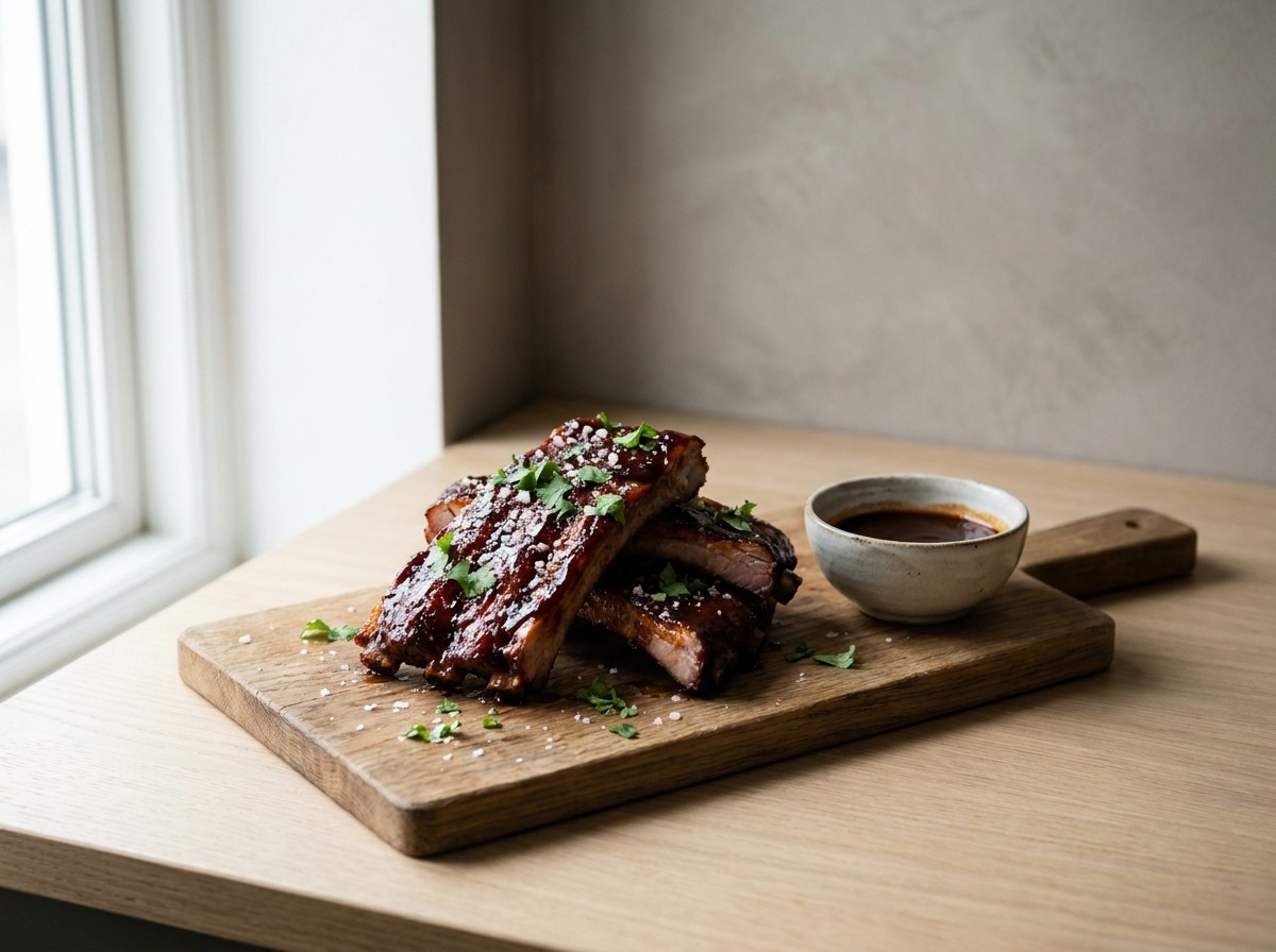 Costillar Duroc en tabla de roble: costillas tiernas y pegajosas con laca oscura de barbacoa de chipotle, carne desprendiéndose del hueso, con cilantro.