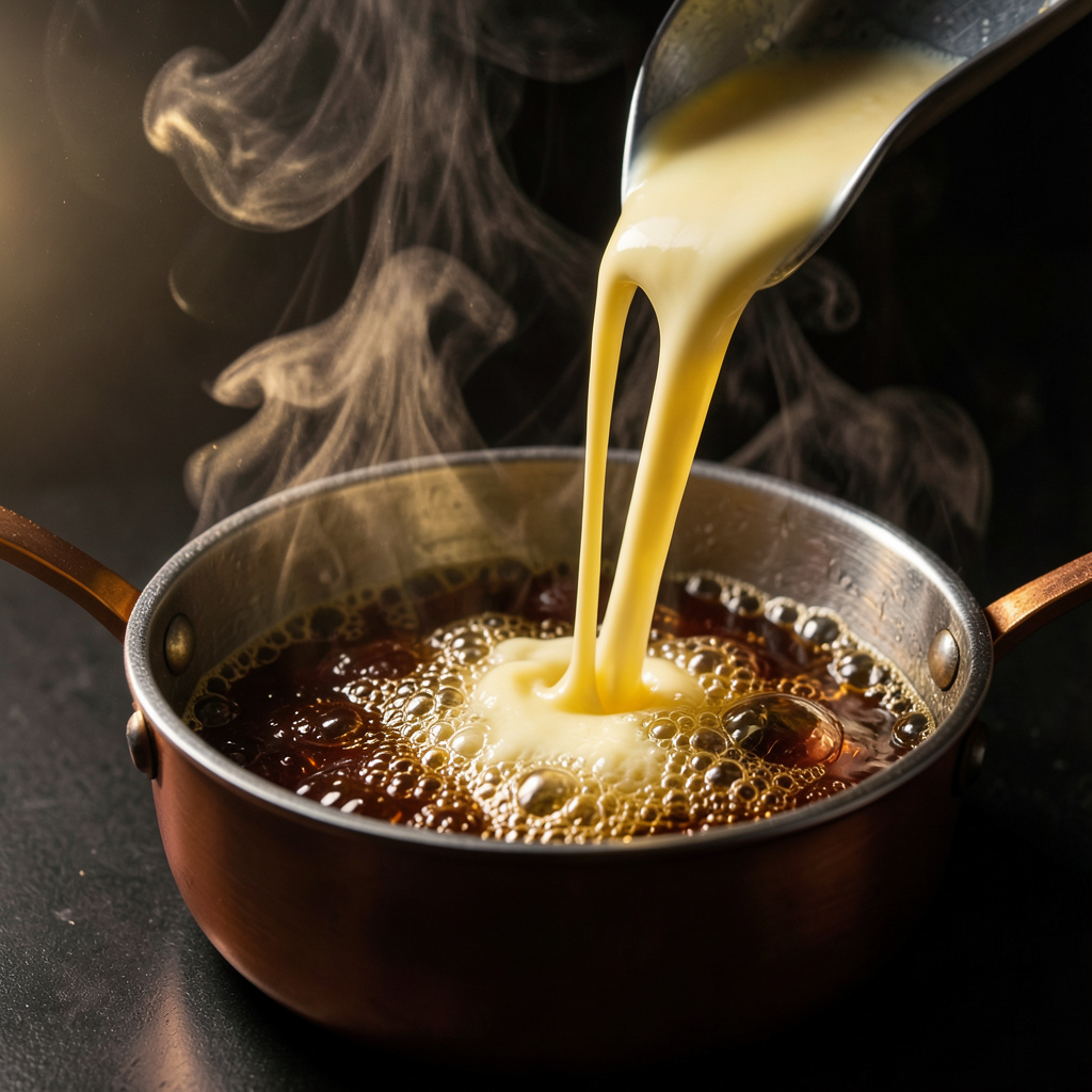 Nata caliente incorporándose en caramelo de azúcar oscuro en cazo de cobre con borboteo violento y vapor aromático