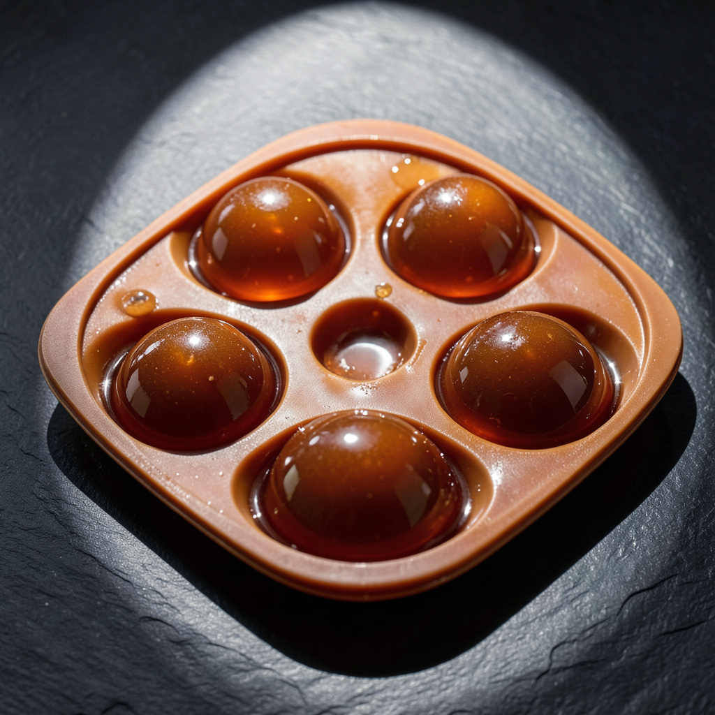 Semiesferas de caramelo salado congeladas en molde de silicona naranja, color ámbar profundo brillante, perfectamente formadas sobre pizarra oscura