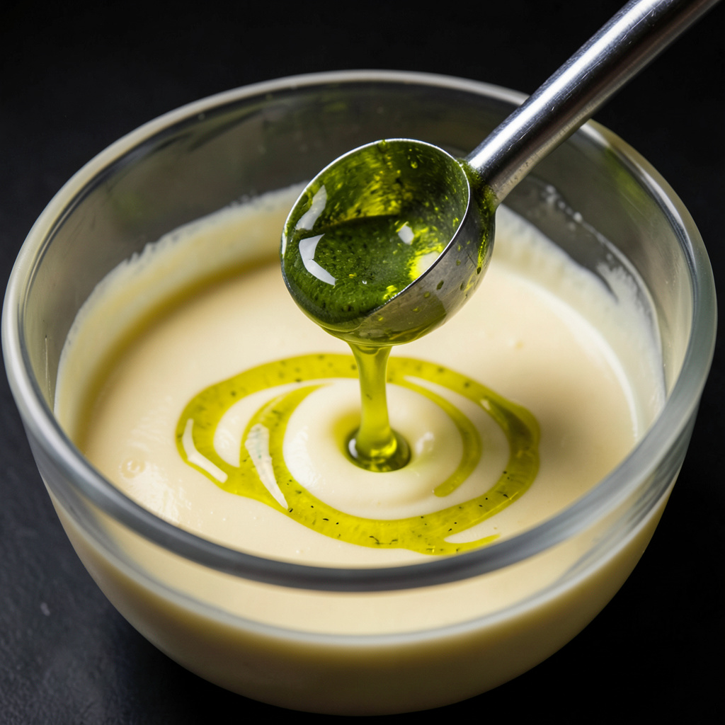Aceite de oliva virgen extra verde incorporándose en crema inglesa cremosa con espátula, espiral verde sobre base marfil en cuenco de cristal