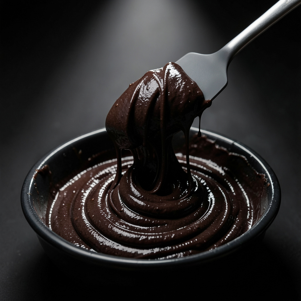 Masa de coulant de chocolate 85% brillante y densa siendo recogida con espátula en cuenco negro, textura negra profunda con pliegues lustrosos