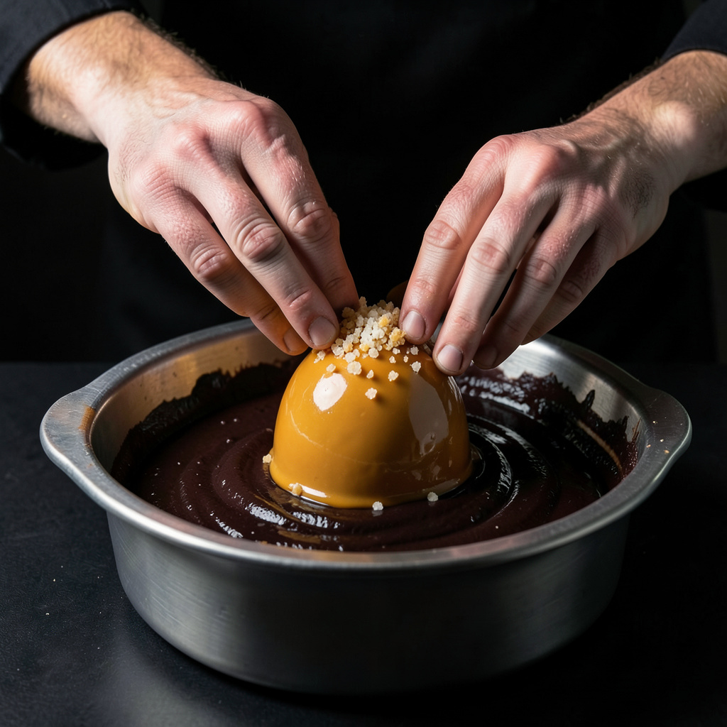 Manos del chef colocando núcleo de caramelo congelado dorado en el centro de molde de acero con masa de chocolate negro a medio llenar