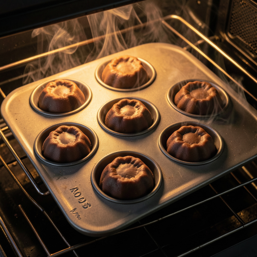 Seis coulants de chocolate horneándose en molde dorado en horno caliente, vapor saliendo, bordes cuajados y superficies mate