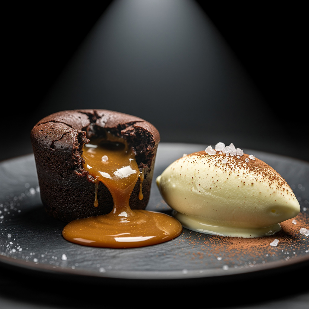 Coulant de chocolate negro 85% roto con flujo dorado de caramelo salado emergiendo junto a helado de aceite de oliva y polvo de cacao en plato de pizarra negra