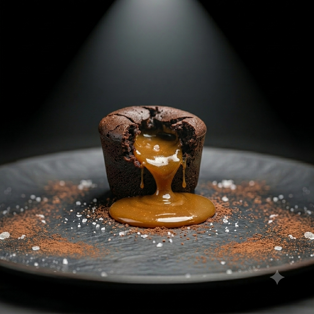 Coulant de chocolate negro 85% abierto con flujo dorado de caramelo salado emergiendo del centro, plato de pizarra negra bajo spotlight dramático