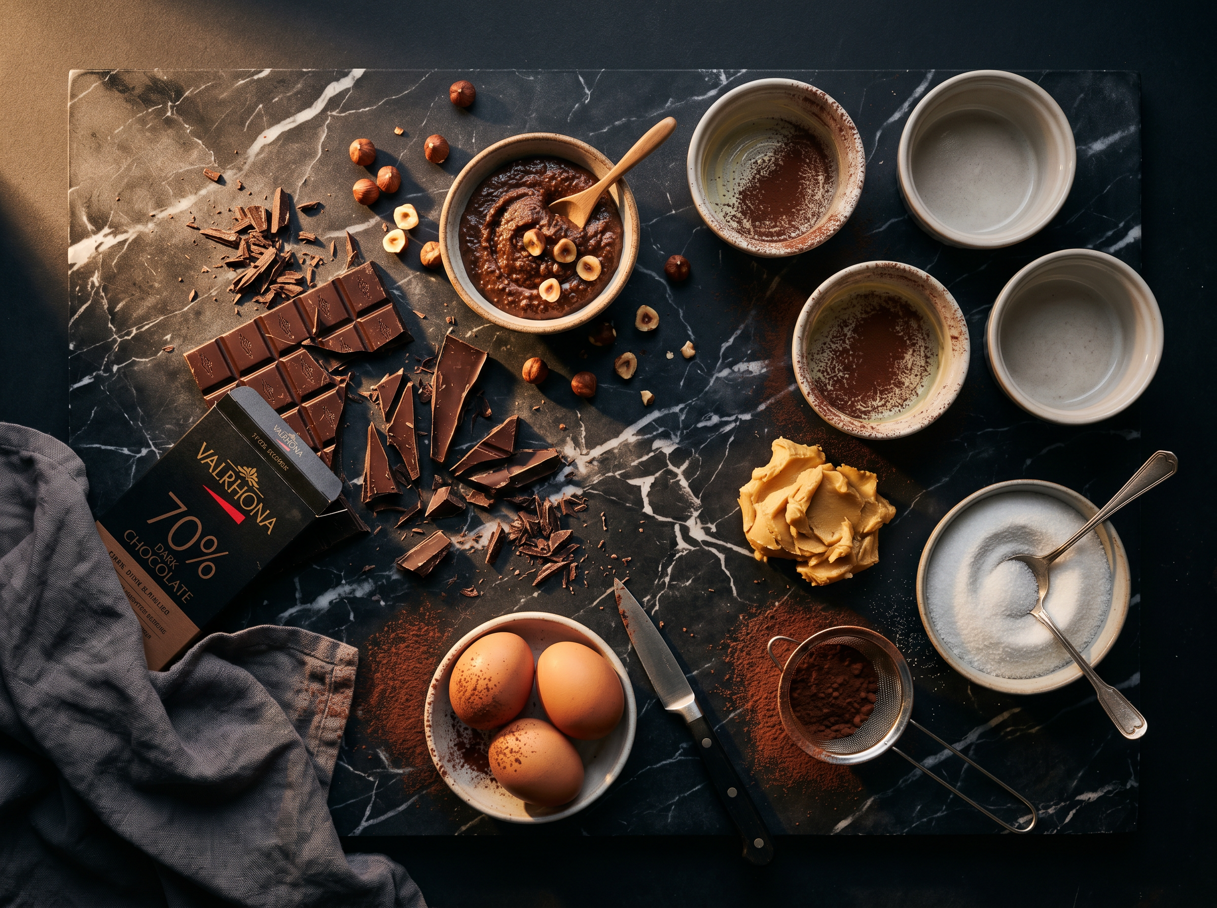 Flat lay ingredientes del coulant de chocolate con praliné