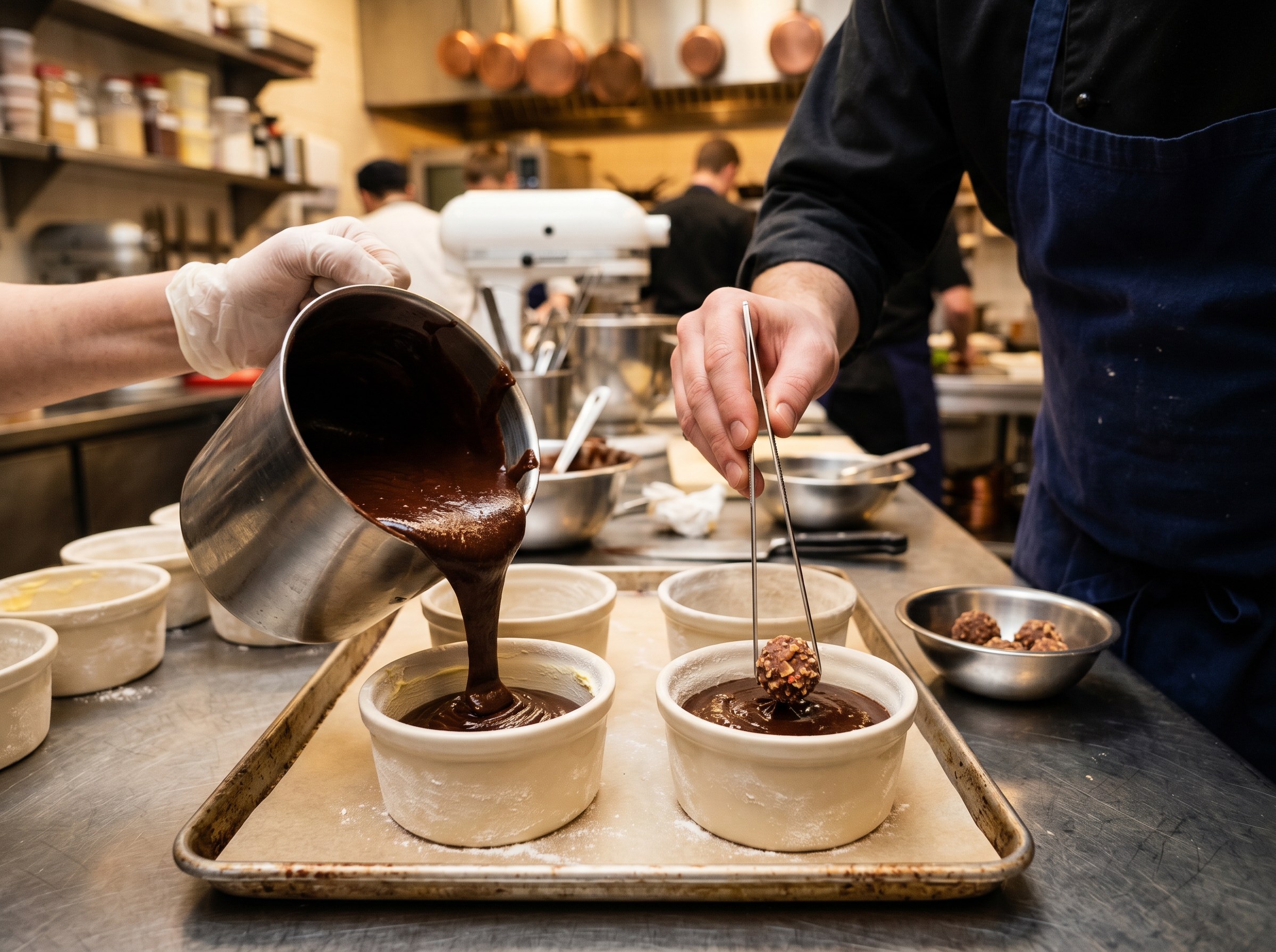 Masa de coulant siendo vertida en ramekin con esfera de praliné en el centro