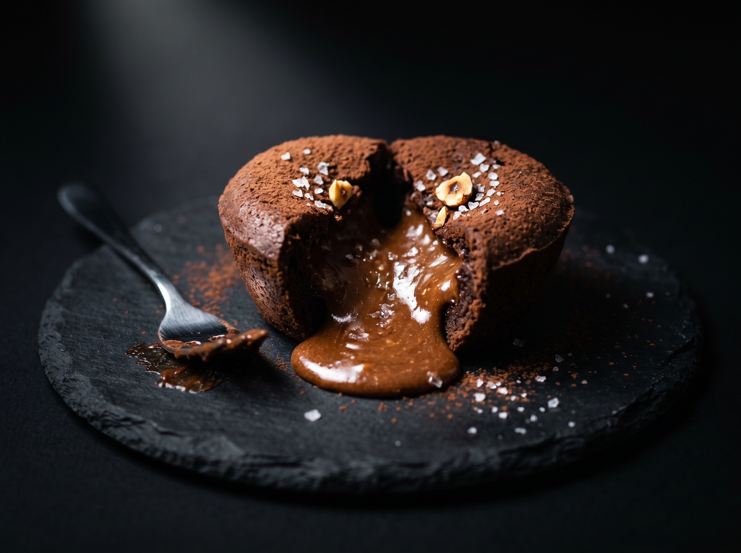 Coulant de chocolate negro 70% abierto con la cuchara, con el corazón de praliné de avellana fundido y una pizca de sal ahumada.