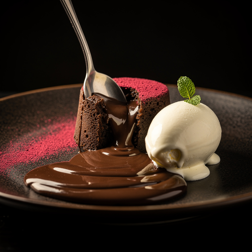 Coulant de chocolate negro abierto con corazón líquido fluyendo, helado de vainilla y polvo de frambuesa carmesí