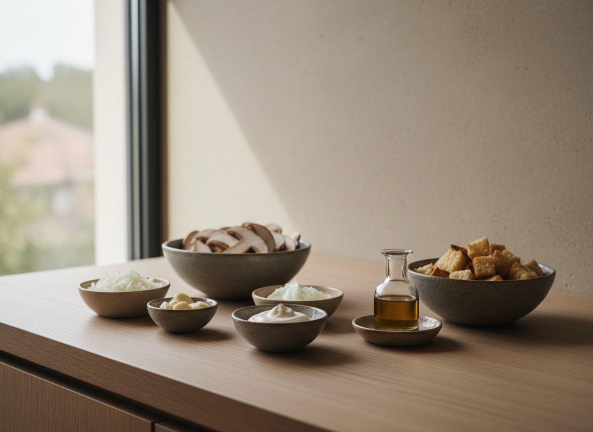 Ingredientes de la crema de boletus vistos de lado en angulo de 45 grados sobre superficie de roble: boletus laminados, cebolla, ajo, nata, pan y una botellita de aceite de trufa en cuencos de ceramica gris piedra, con luz natural desde la izquierda.