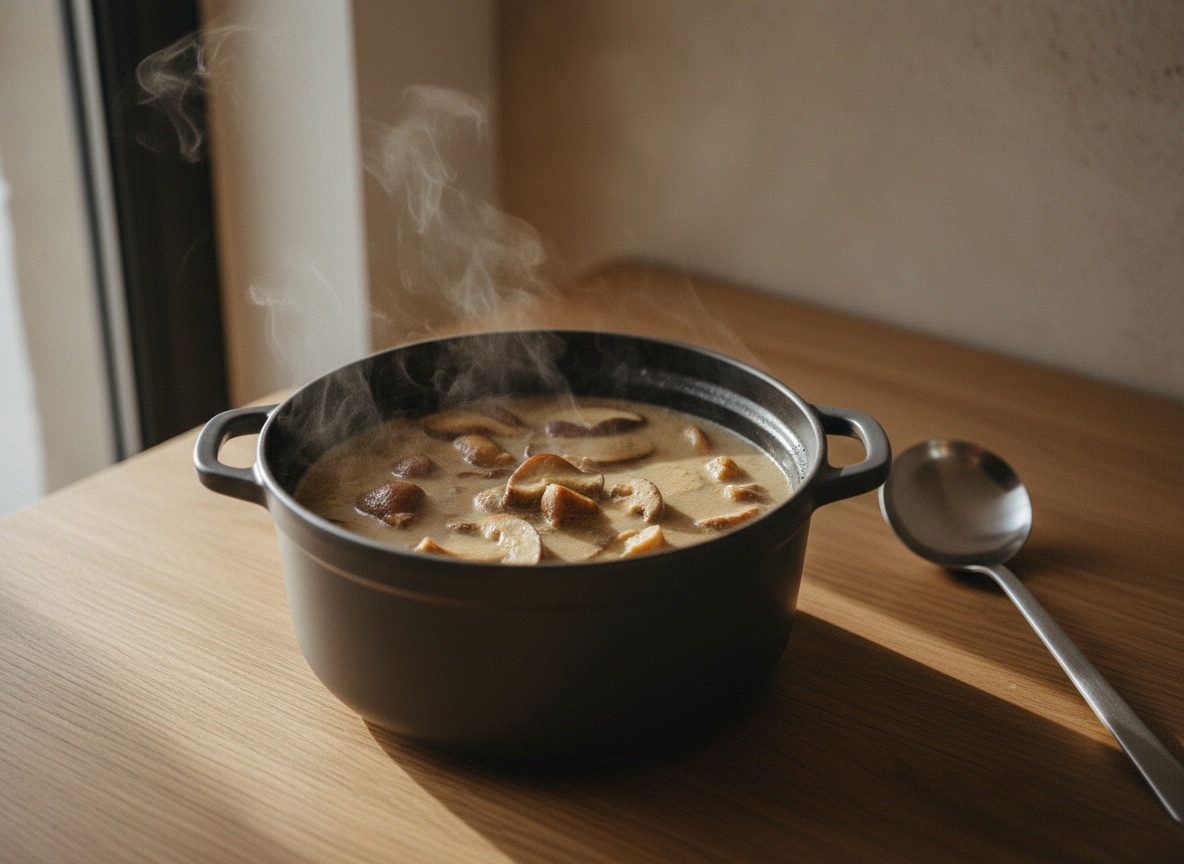 El caldo con las setas cociendo a fuego suave en la olla antes de triturar, con vapor tenue, luz natural desde la izquierda.