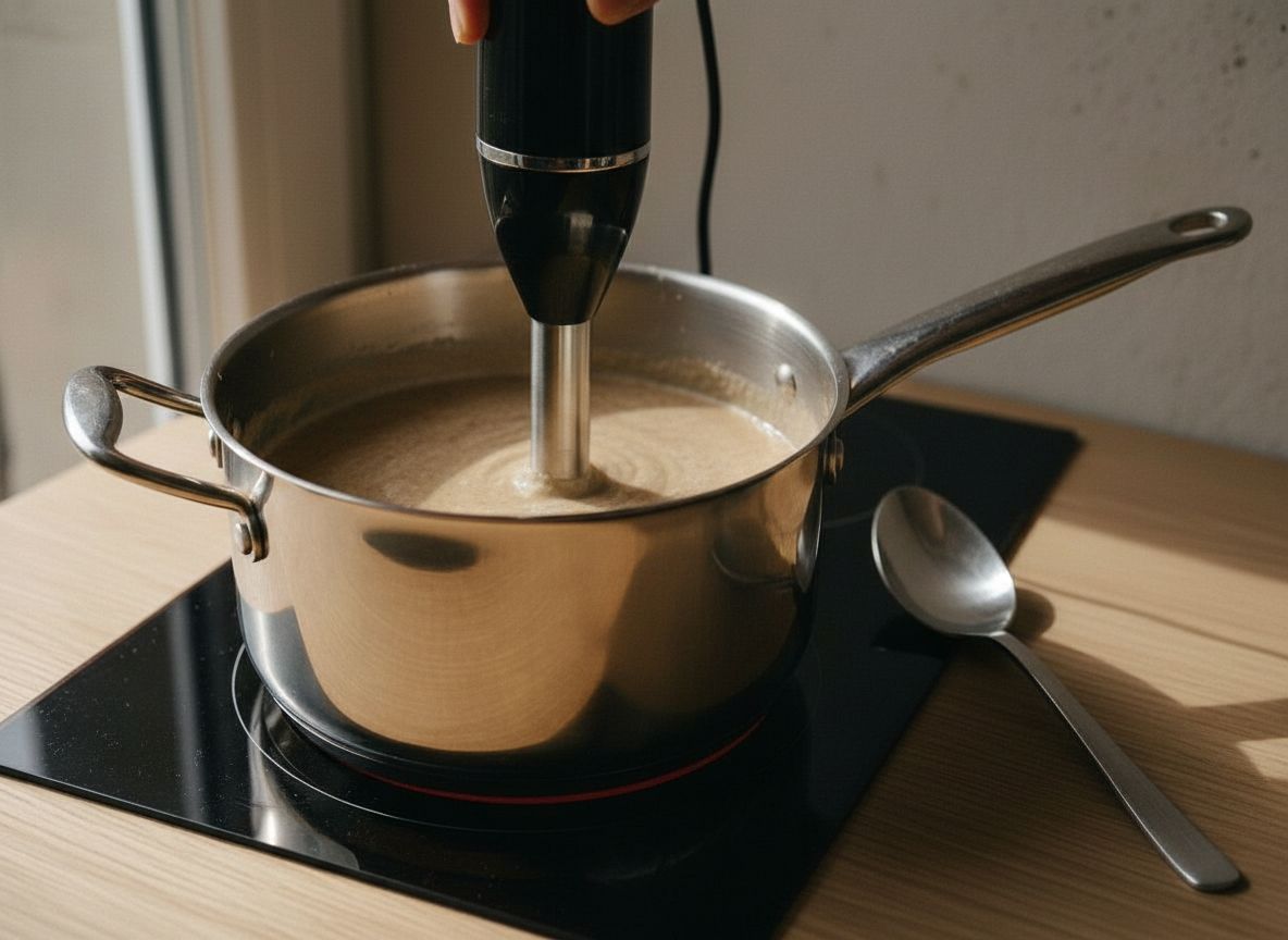 La crema de boletus triturada quedando lisa y sedosa con la nata integrandose en la olla, luz suave desde la izquierda.