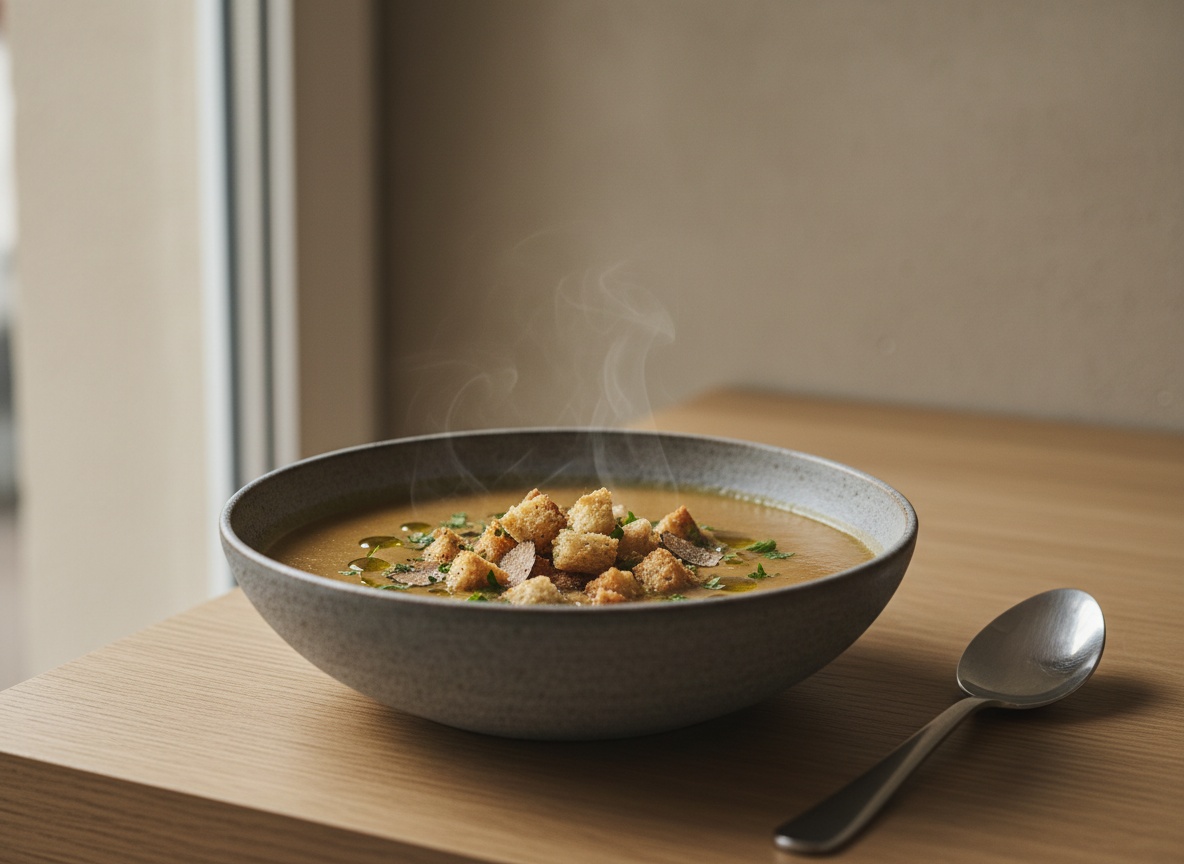 Crema de boletus de tono marron dorado servida en cuenco hondo de ceramica gris piedra, coronada con picatostes crujientes, unas gotas de aceite y perejil, ligero vapor, sobre superficie de roble con luz natural suave desde la izquierda.