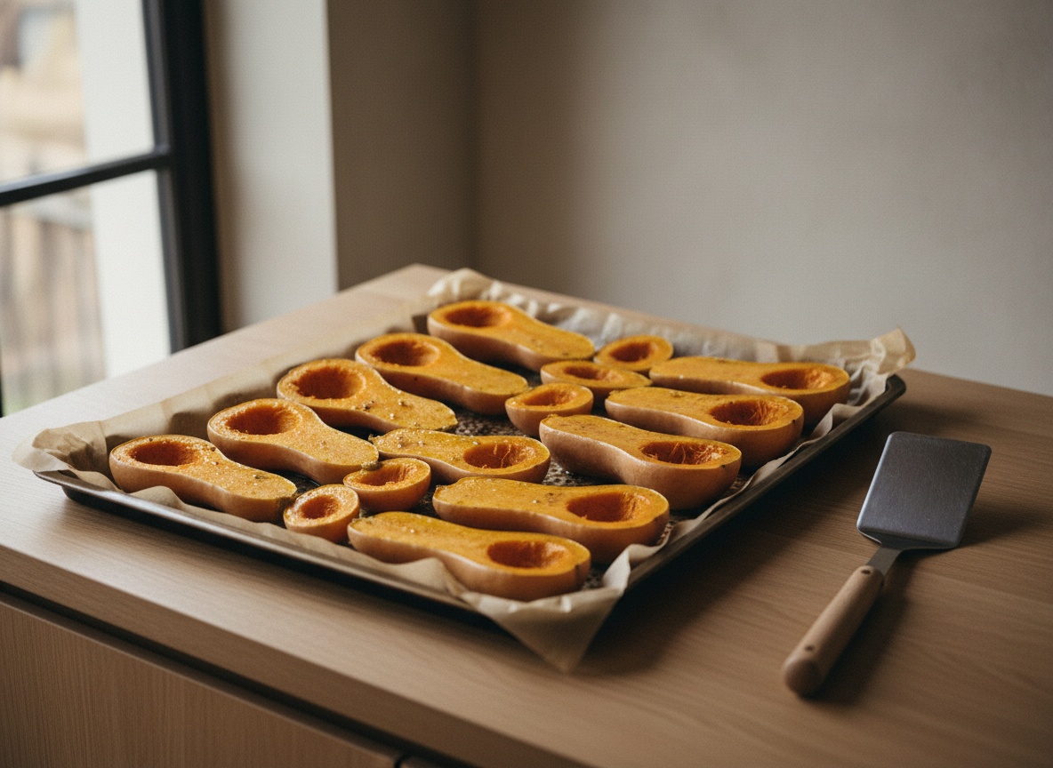 Mitades de calabaza cacahuete pinceladas con aceite y colocadas con la cara cortada hacia abajo sobre una bandeja con papel de hornear