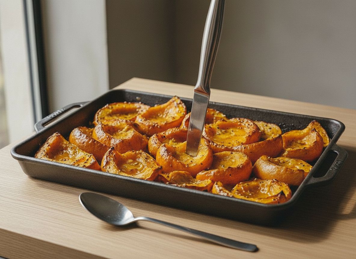 Calabaza recién salida del horno con los bordes oscuros y caramelizados y jugos dorados en la bandeja