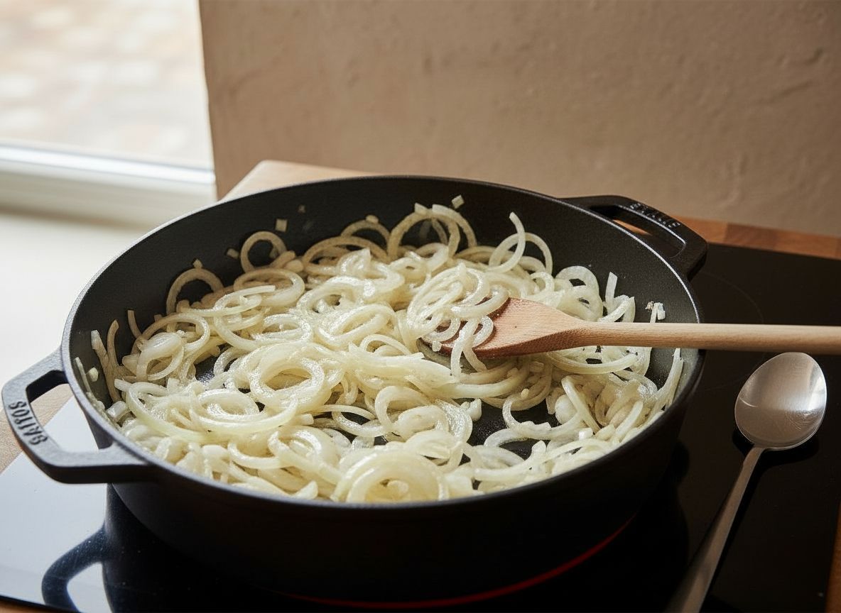 Cebolla dulce pochada y transparente con ajo y jengibre rallado en una cazuela de fondo grueso