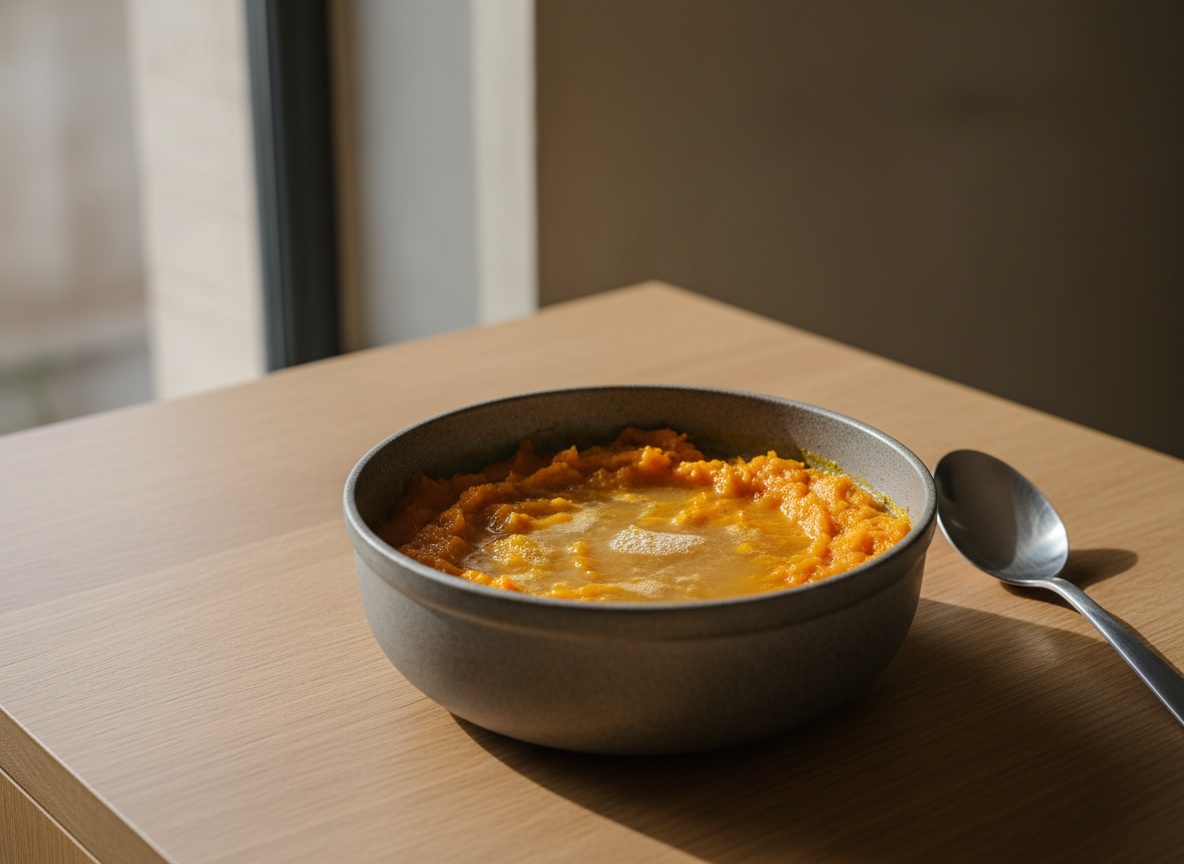 Pulpa de calabaza asada y caldo de verduras hirviendo suavemente en la cazuela antes de triturar