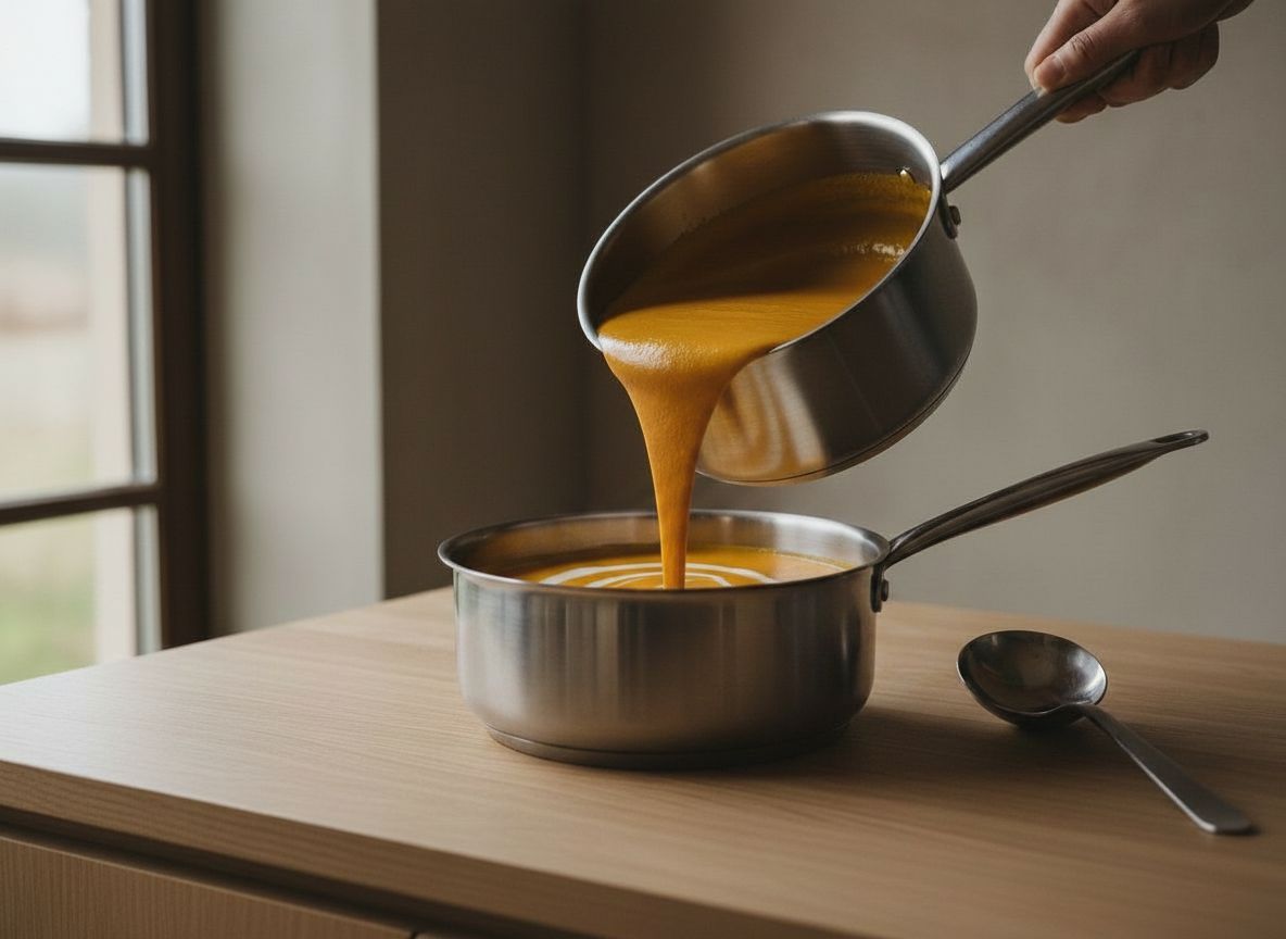 Crema de calabaza triturada y colada cayendo en cinta continua desde el cazo, de color naranja intenso y superficie lisa