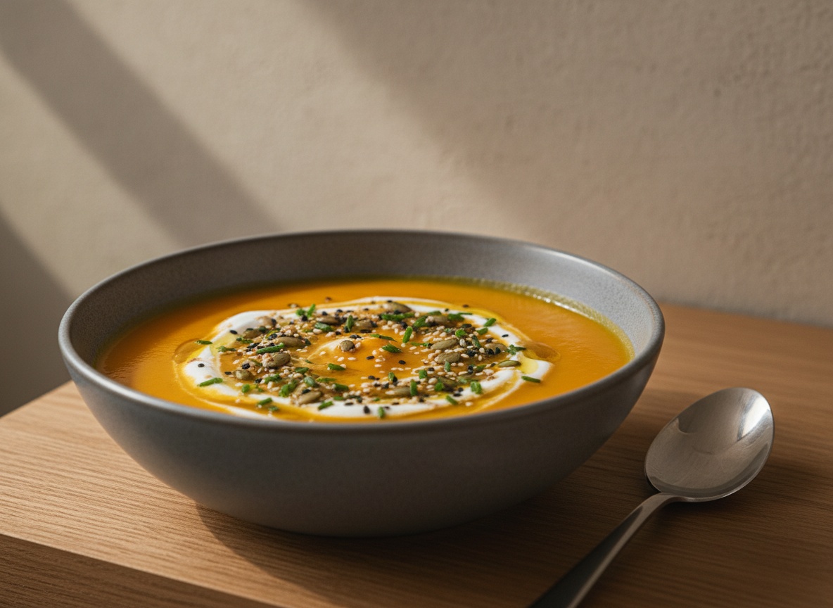 Plato hondo de crema de calabaza asada de color naranja intenso con un remolino de yogur griego, pipas de calabaza tostadas, sésamo y un hilo de aceite de oliva arbequina
