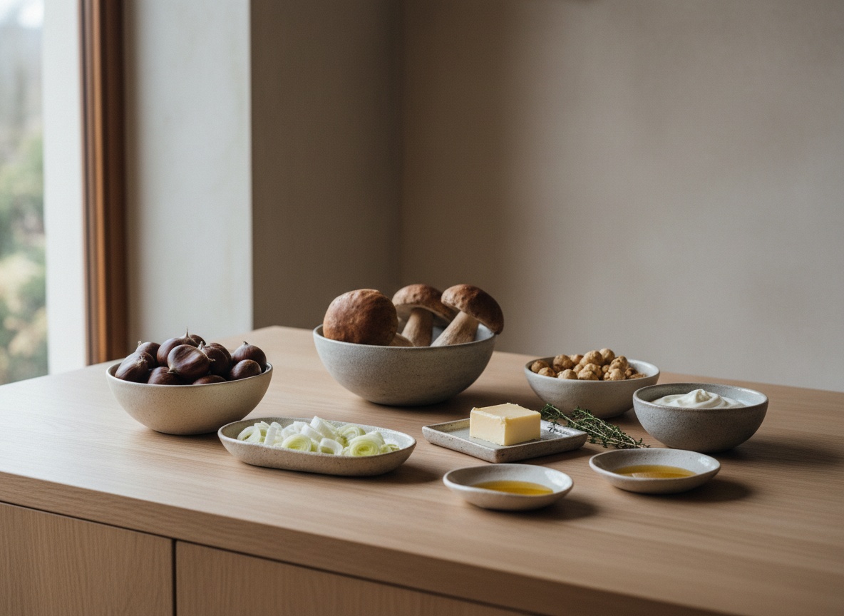 Bodegón sobre encimera de piedra: castañas frescas, boletus enteros, blanco de puerro, chalotas, mantequilla, rama de tomillo, nata, avellanas tostadas y aceite de avellana, cada uno en su cuenco cerámico gris.