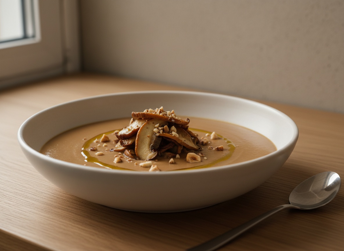 Cuenco blanco hueso con crema de castañas lisa de color avellana, láminas de boletus doradas en el centro, avellanas troceadas y un hilo de aceite de avellana