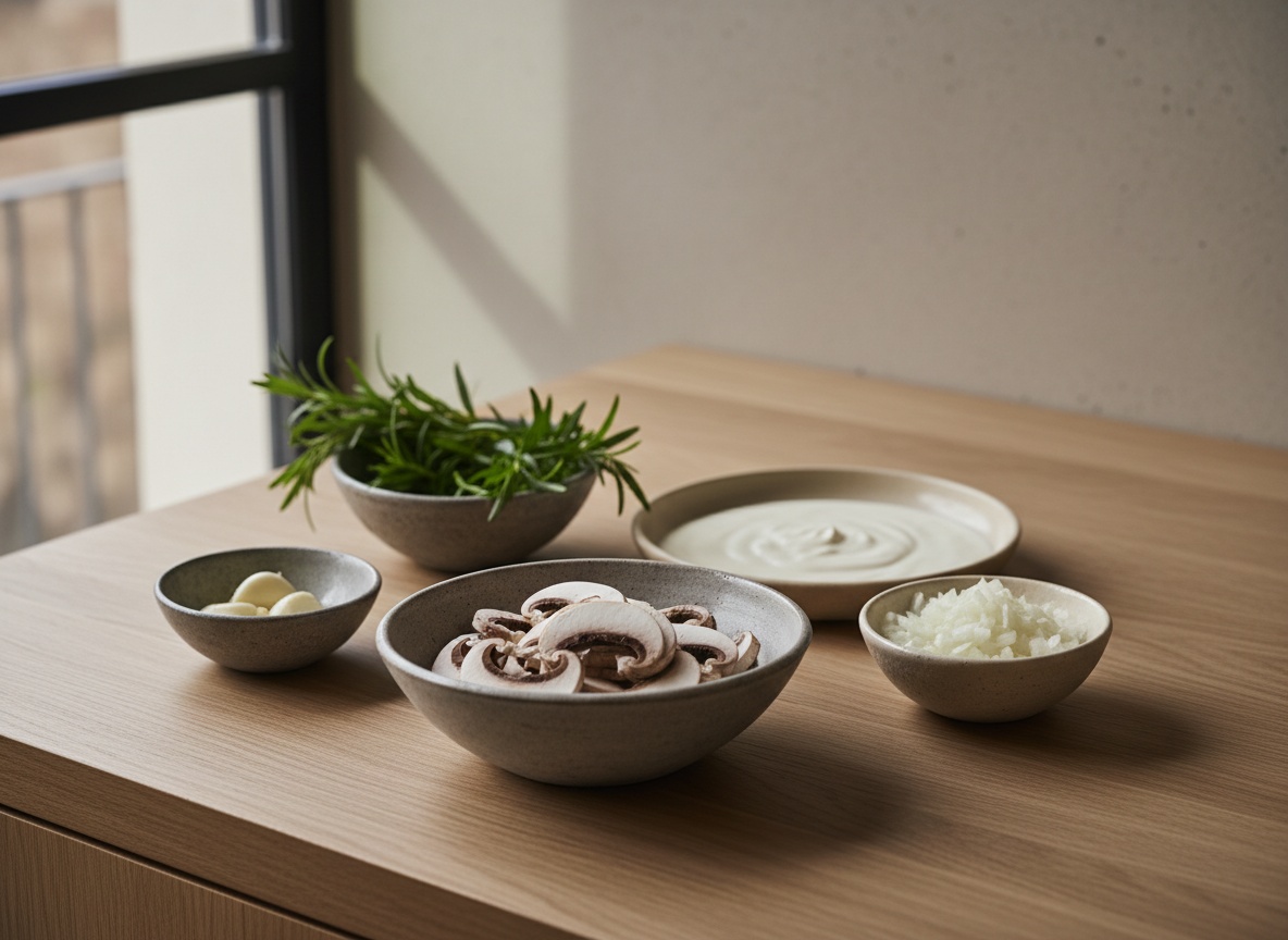 Ingredientes de la crema de champinon vistos de lado en angulo de 45 grados sobre superficie de roble: champinones laminados, cebolla, ajo, nata y estragon fresco en cuencos de ceramica gris piedra, con luz natural desde la izquierda.