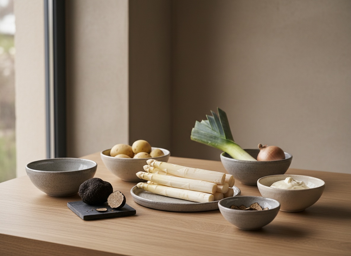 Ingredientes de la crema de espárrago blanco vistos de lado sobre mesa de roble: manojo de espárragos blancos, puerro, cebolleta, patata, nata y una trufa negra, con luz natural por la izquierda