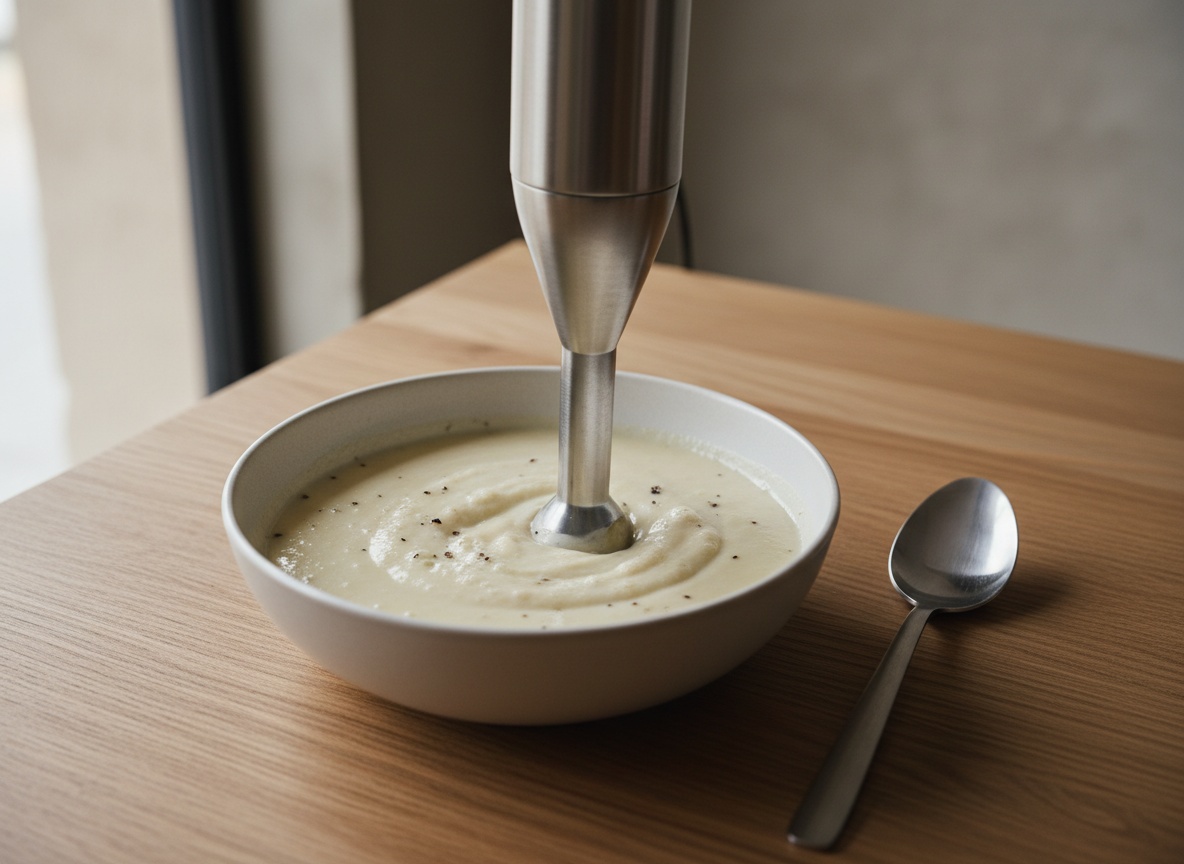 Crema de espárrago blanco triturándose con la nata hasta quedar sedosa y de color marfil