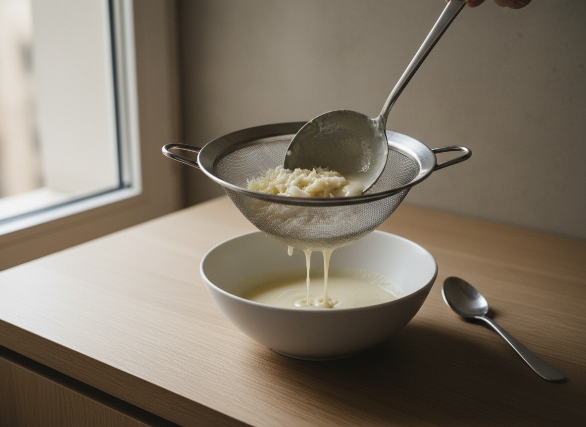 Crema de espárrago pasándose por un colador chino fino para eliminar hebras