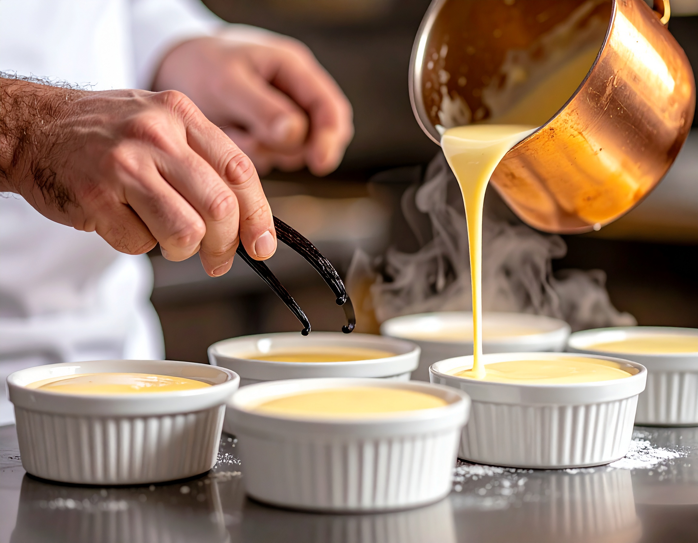 Chef vertiendo crema de vainilla caliente en ramequines blancos