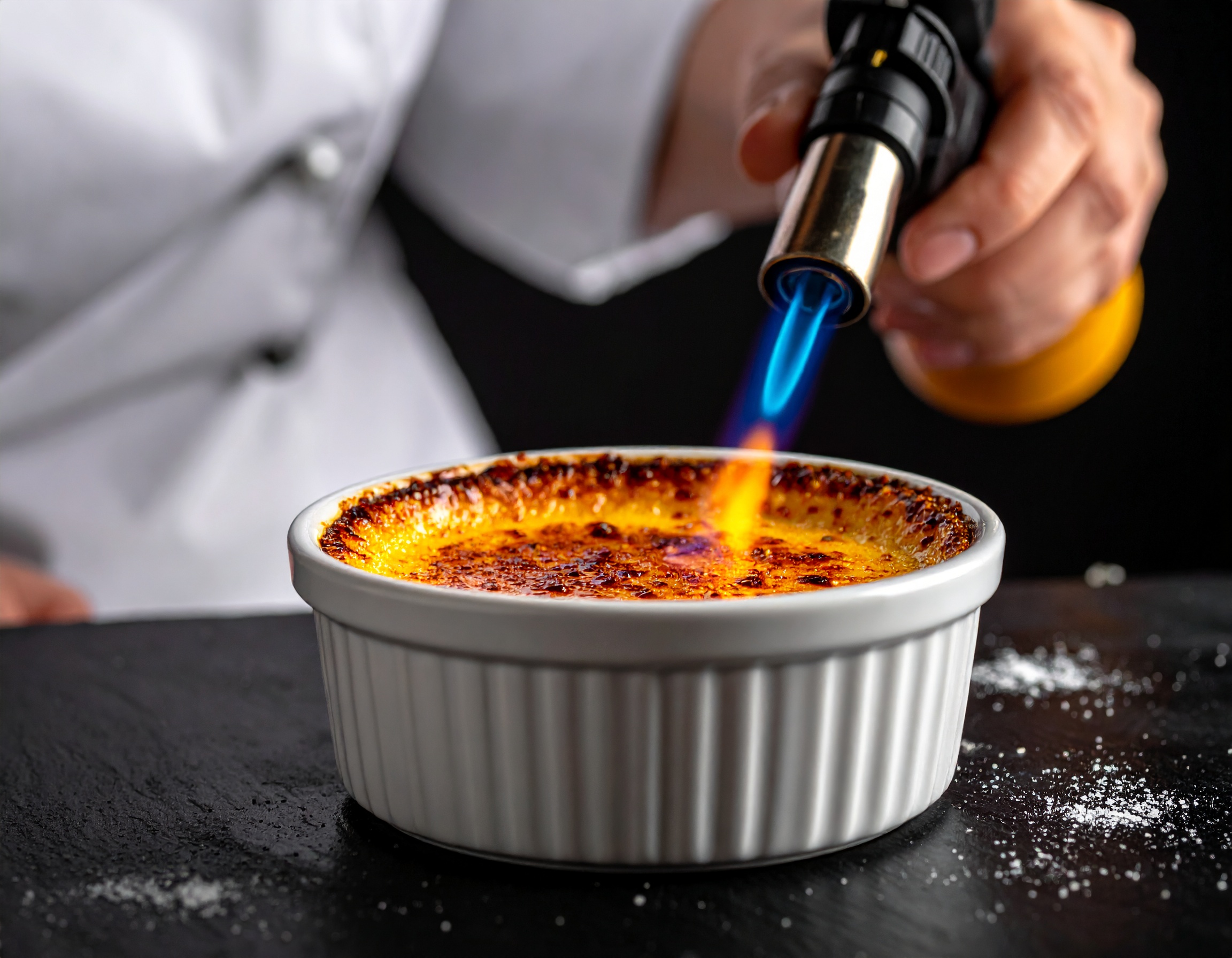 Antorcha profesional caramelizando azúcar con llama azul intensa