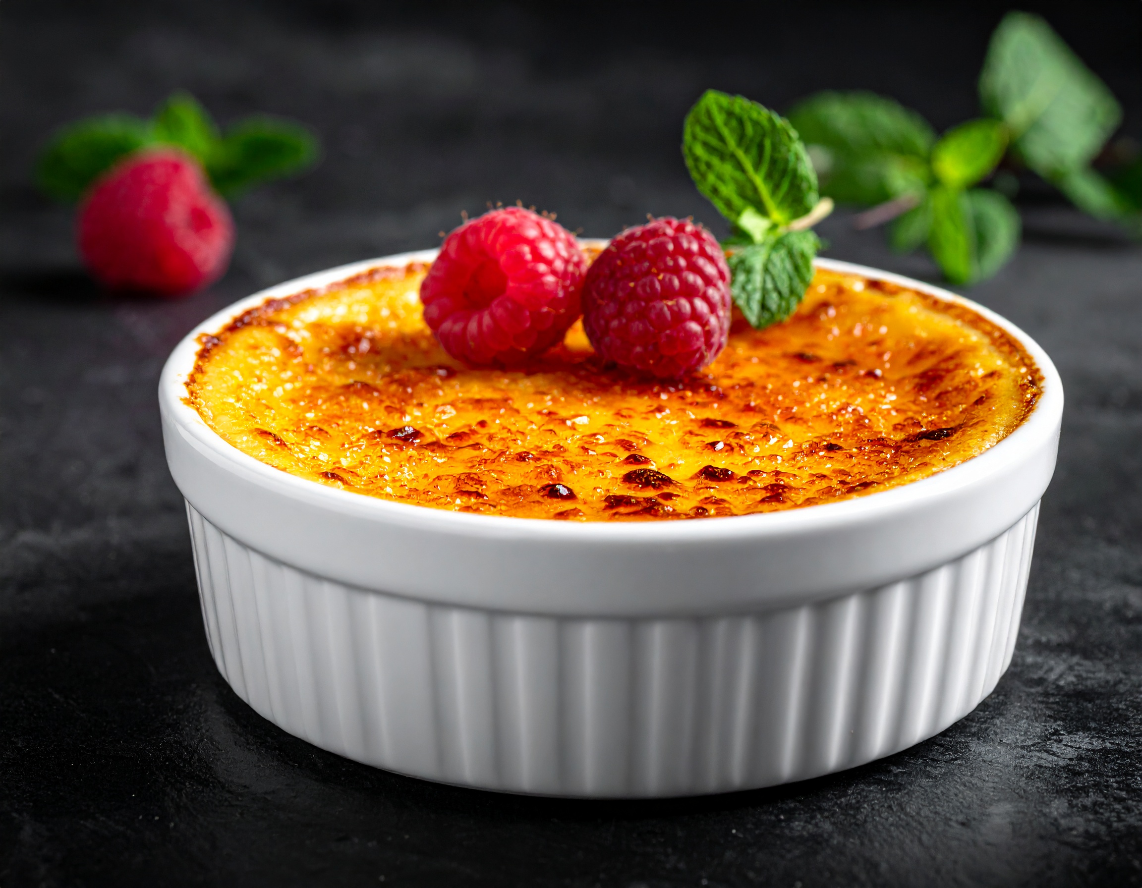 Crème brûlée with caramelized sugar crust being torched, dark atmospheric kitchen